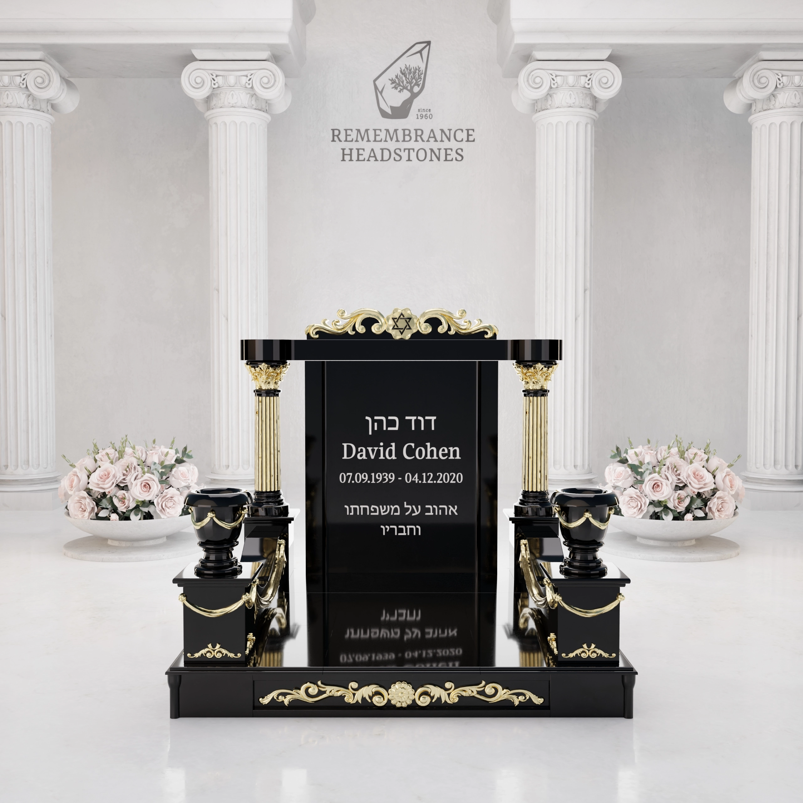 Luxurious Jewish Monument With Golden Columns and Star of David