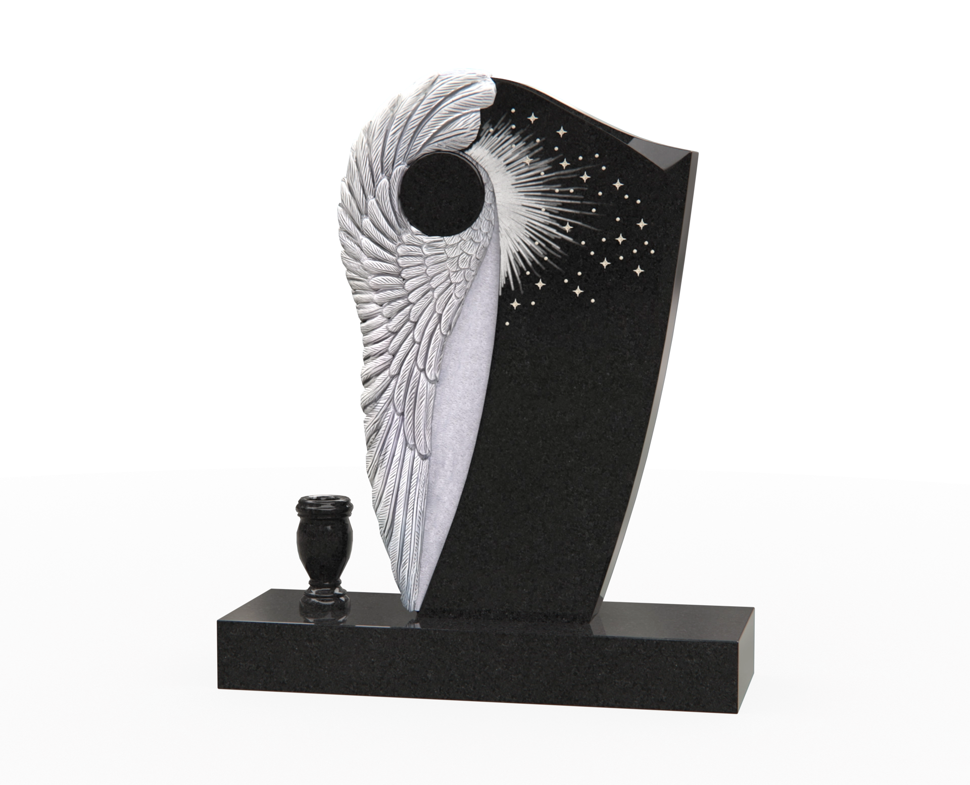 Luxury Upright Granite Monument — Angel Wing & Starburst with Crystal Accents
