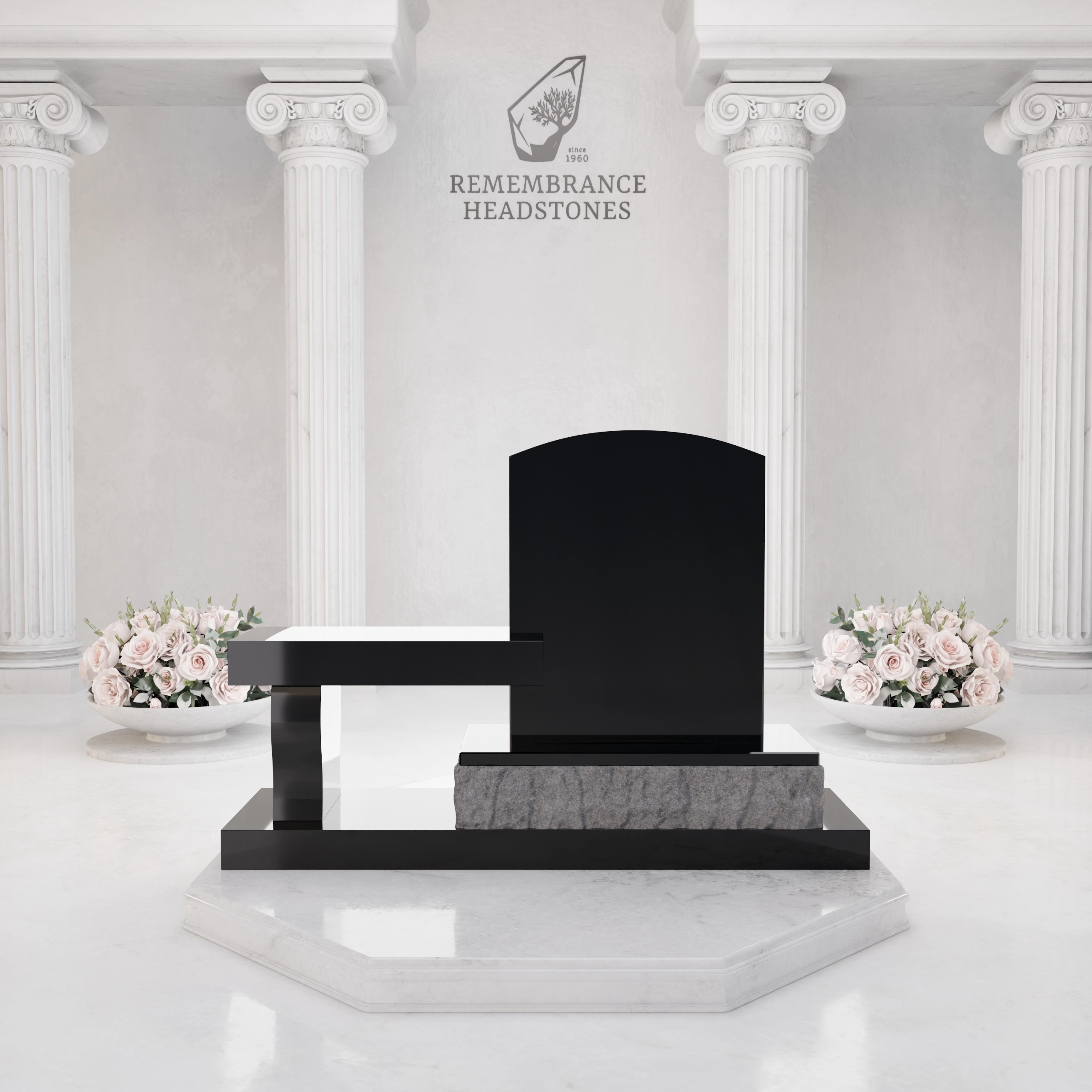 Lux Upright Headstone with Marian Emblem & Memorial Bench view 4