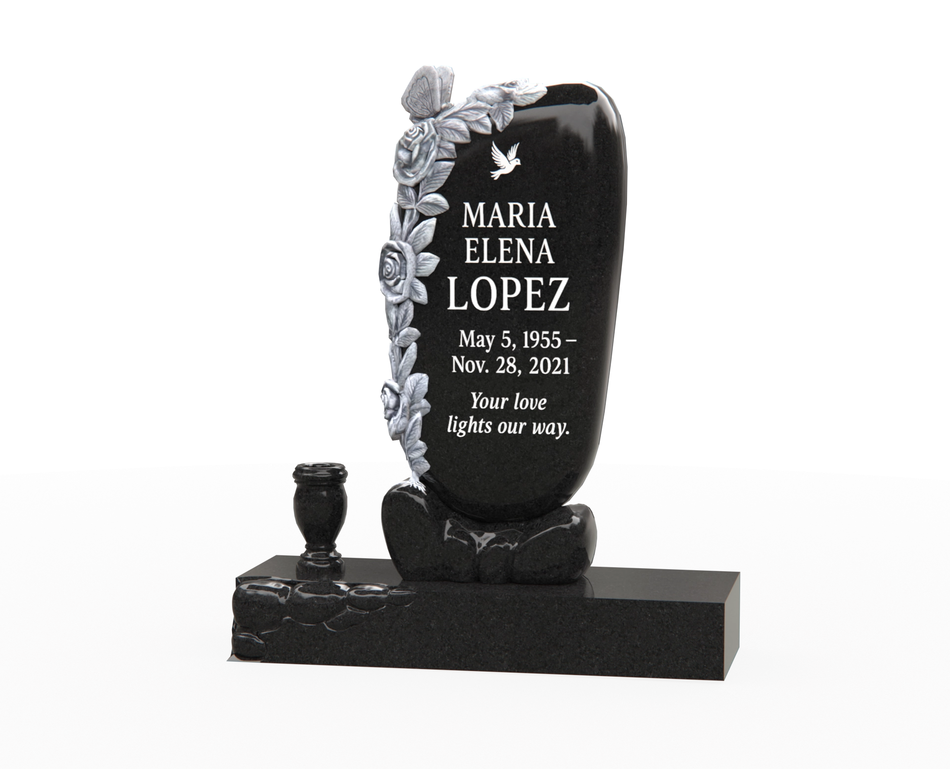 Luxury Upright Granite Monument — Oval Tablet, Carved Roses & Dove