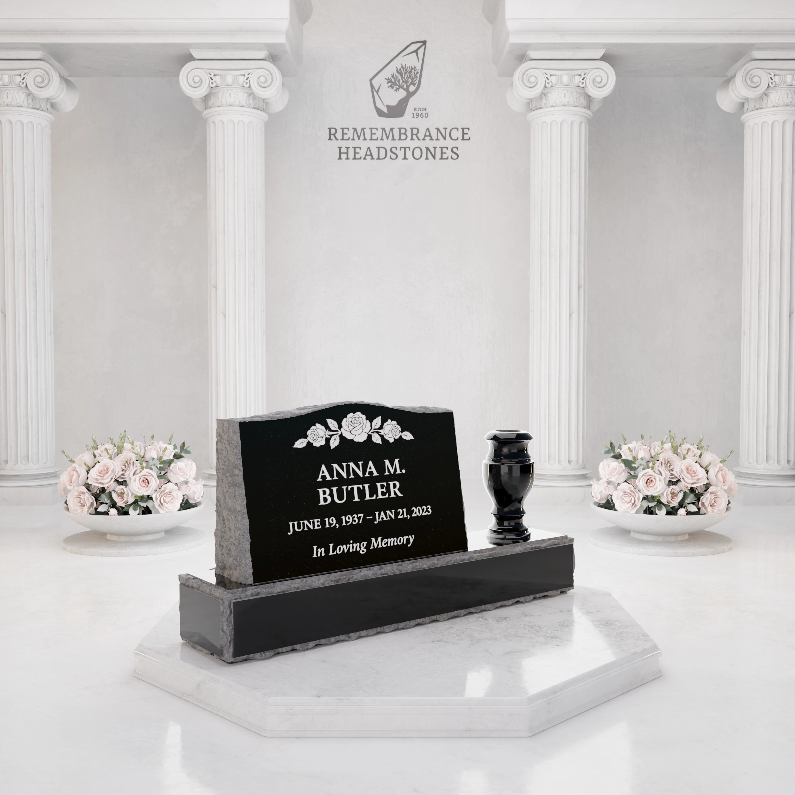 Premium Slant Granite Headstone with Hummingbird & Lily Panel & Vase view 2