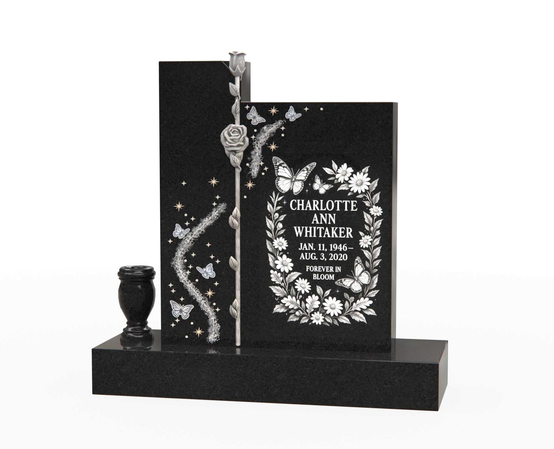 Luxury Upright Granite Headstone with Rose Column, Butterfly Wreath & Crystal Accents
