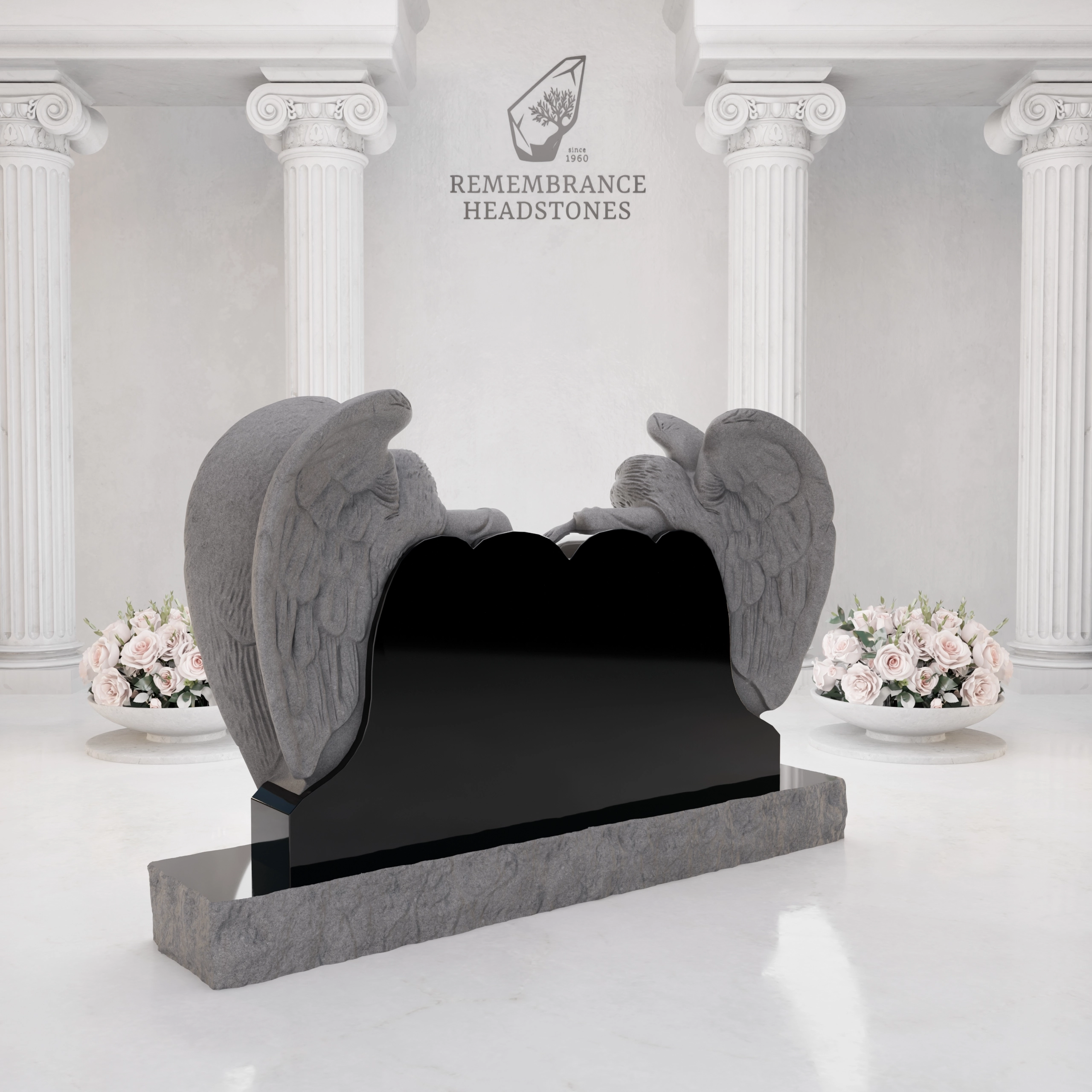 Luxury Twin Guardian Angel Heart Companion Granite Headstone view 4