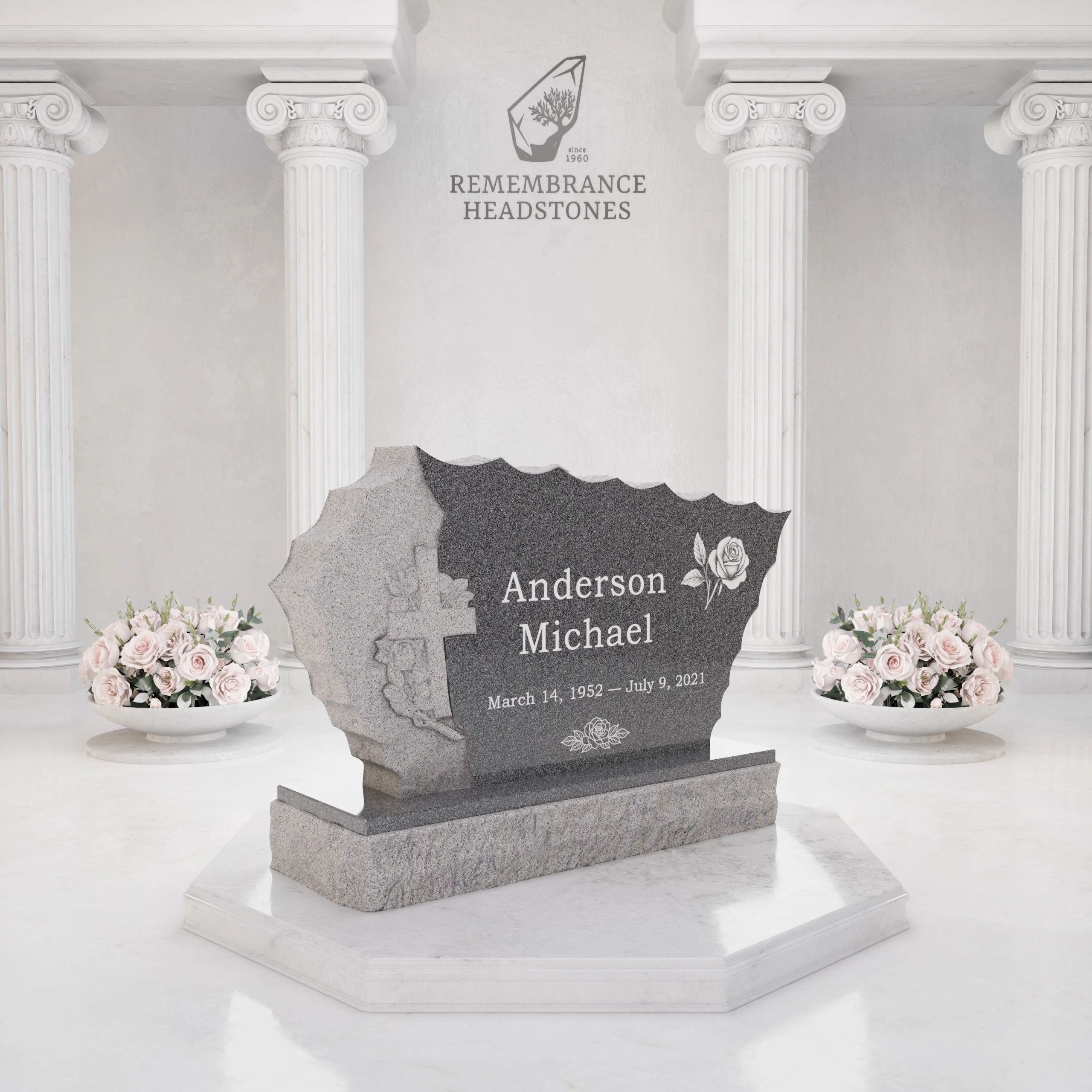 Luxury Shape Upright Granite Monument — Mountain & Cross view 2