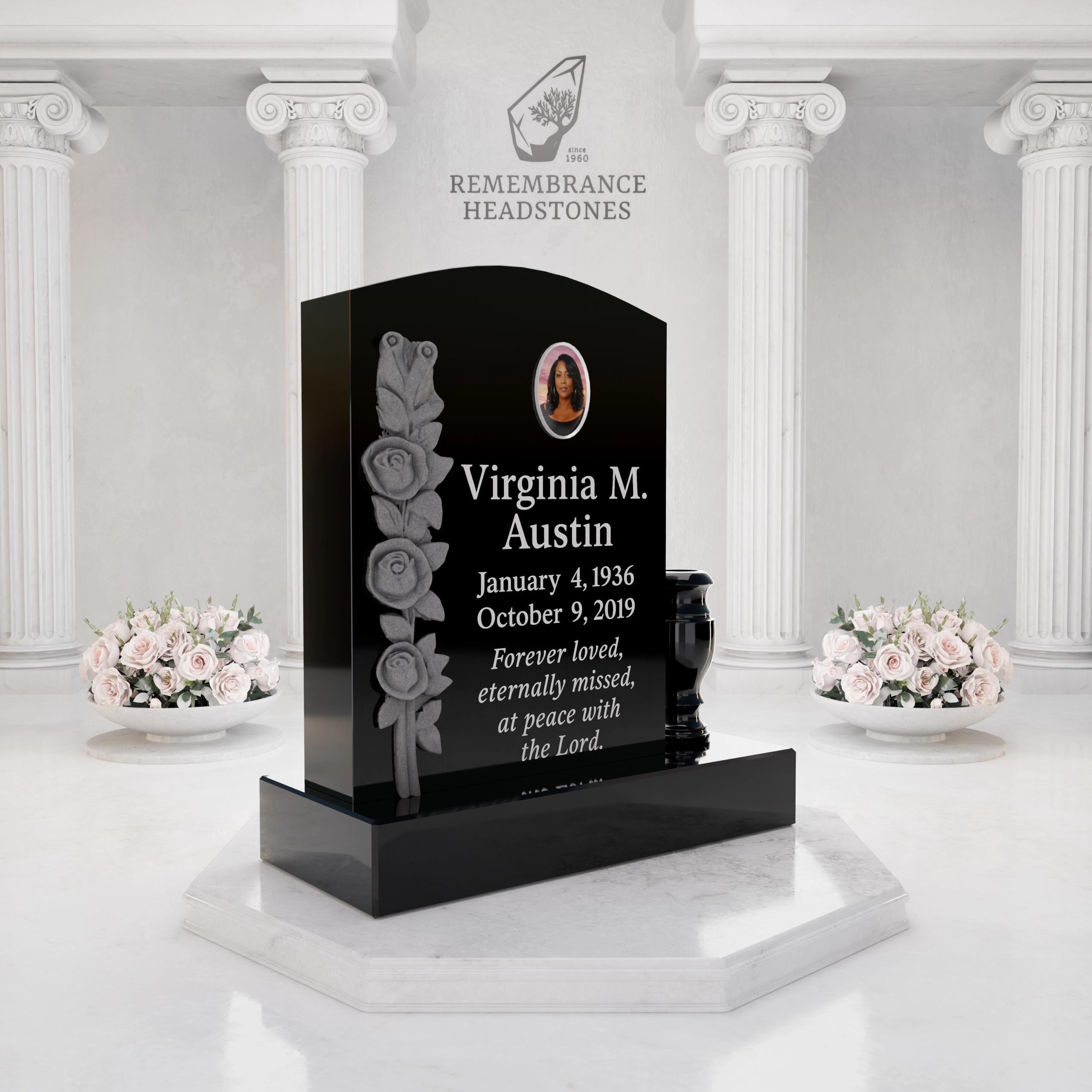 Luxury Upright Granite Headstone with Cross, Carved Roses & Vase view 2