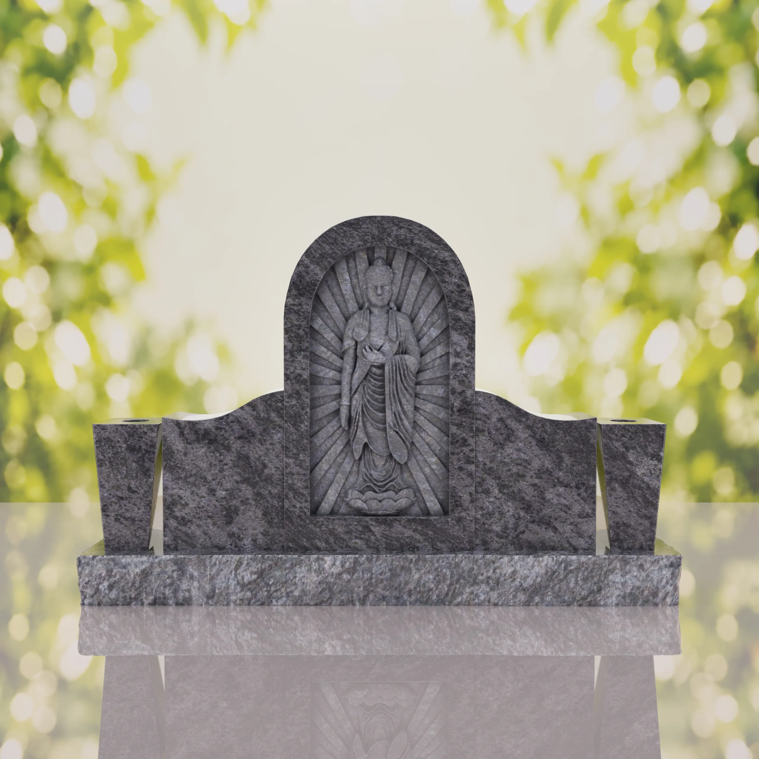 Asian Companion Granite Headstone with Guanyin Relief thumbnail 12