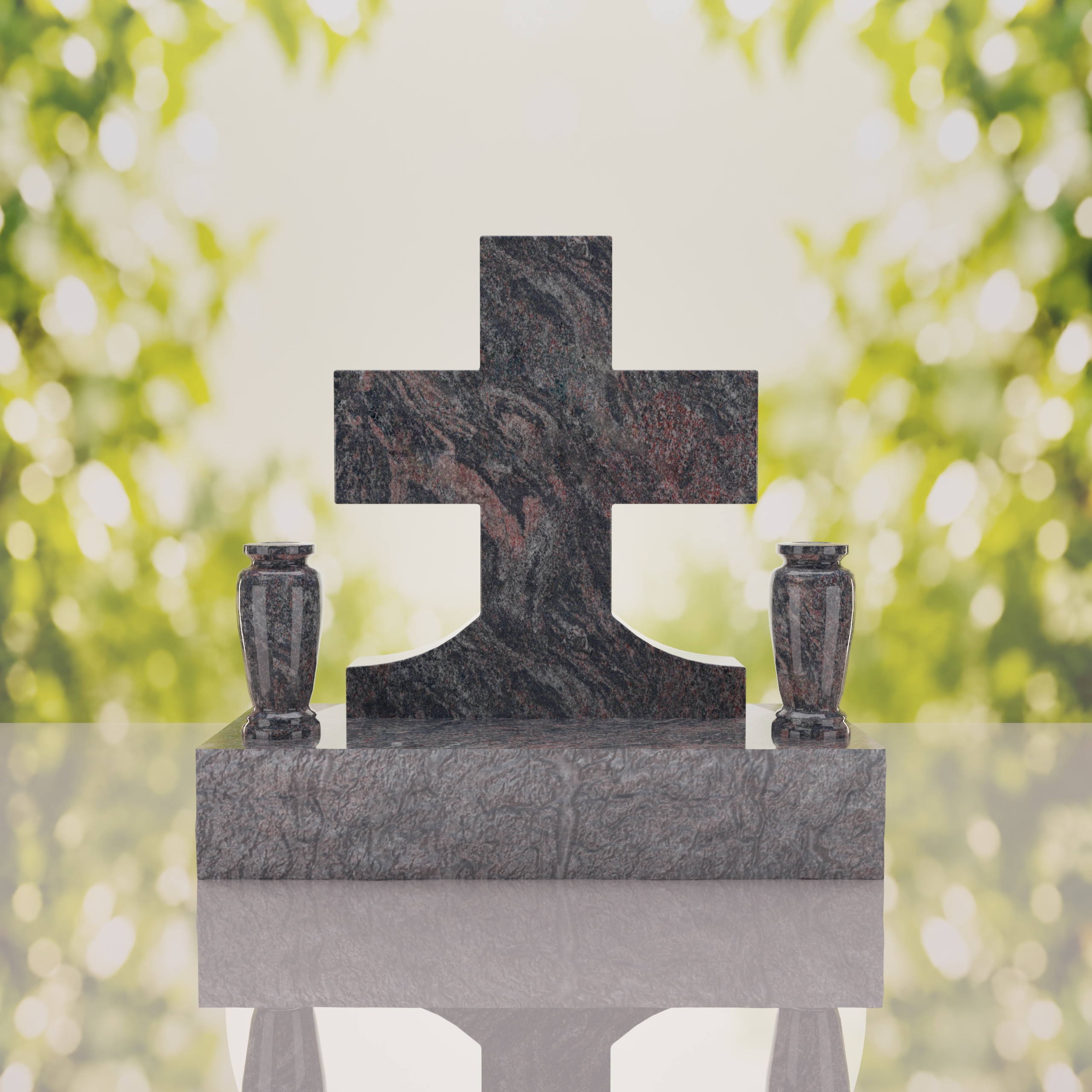 Classic Cross Granite Headstone with Dual Vases thumbnail 5