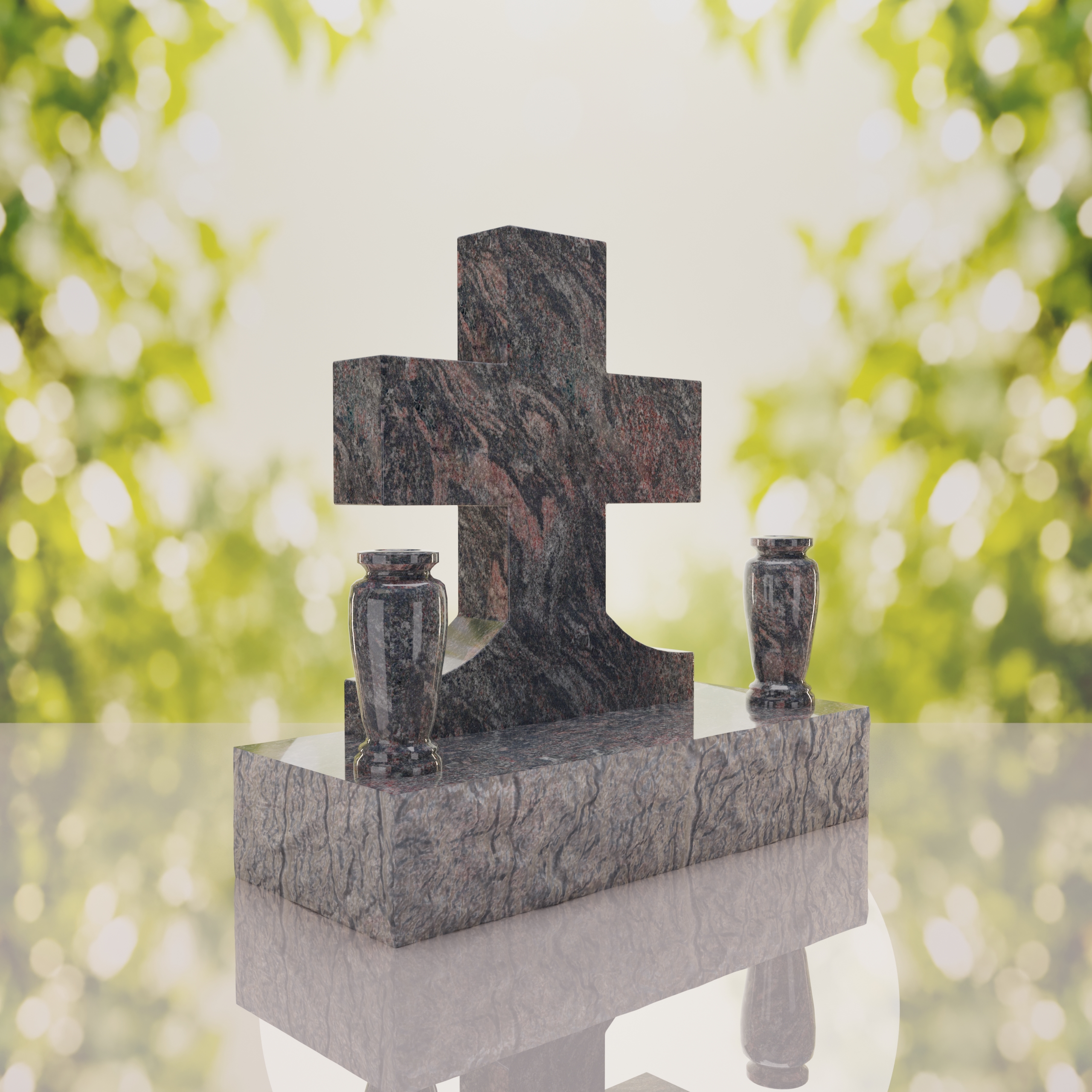 Classic Cross Granite Headstone with Dual Vases thumbnail 4