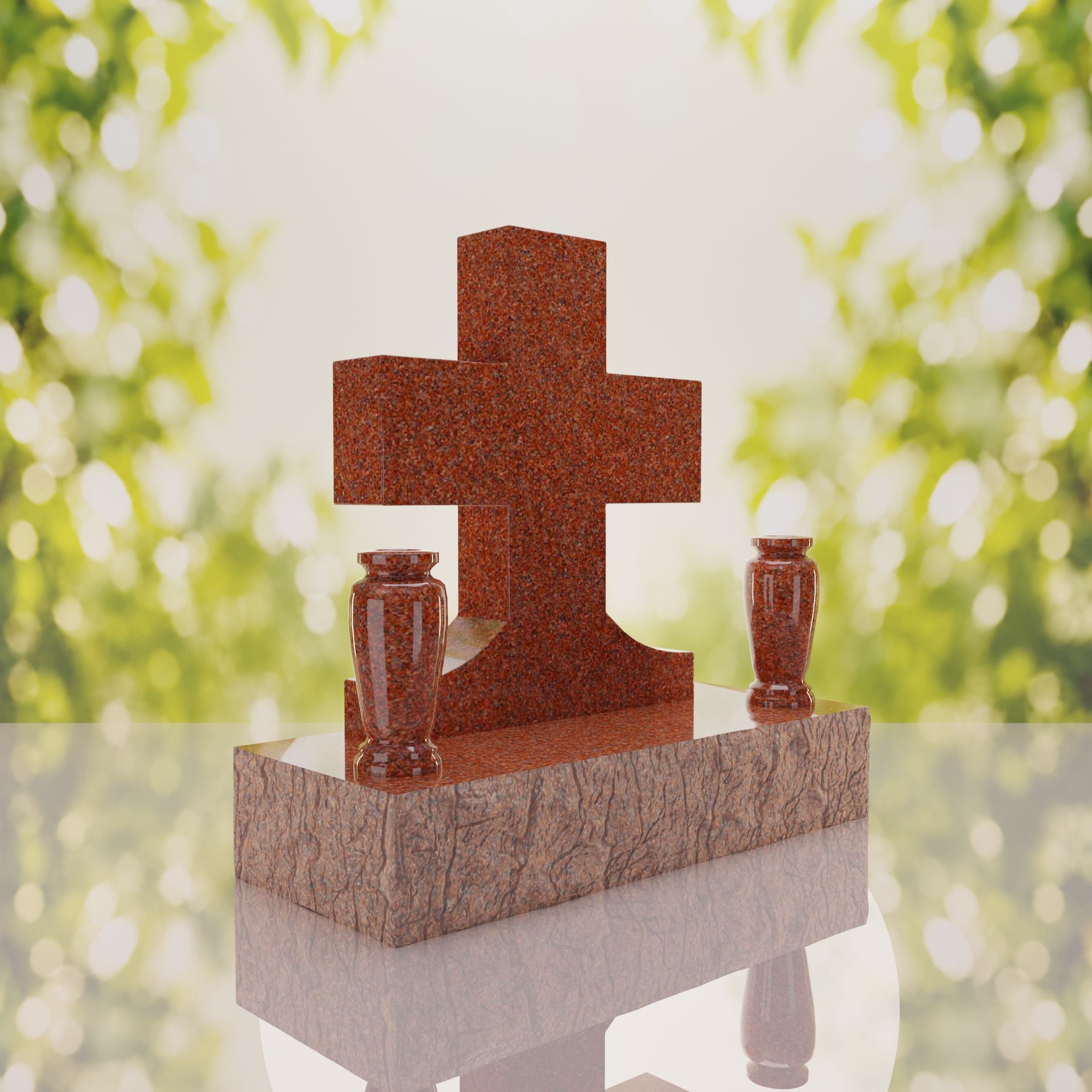 Classic Cross Granite Headstone with Dual Vases