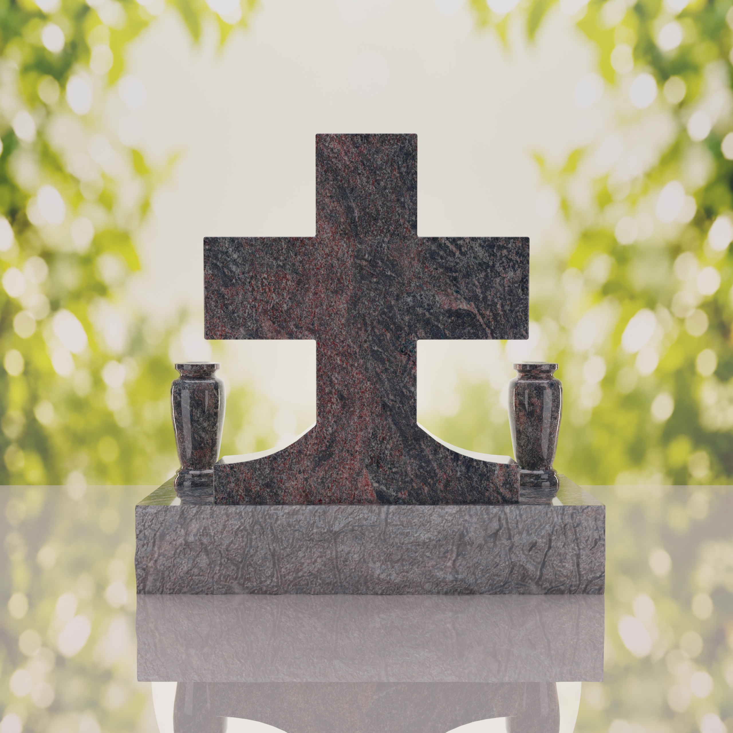 Classic Cross Granite Headstone with Dual Vases thumbnail 6